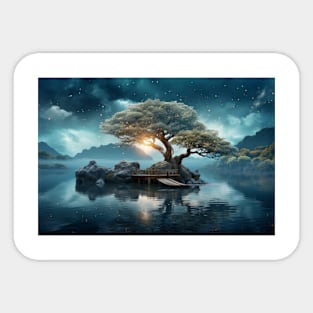 Tree In Calm Lake Serene Landscape Sticker